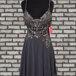 Jovani Charcoal Beaded Lace Chiffon A-line Short Dress New Tags Size 8 and 16